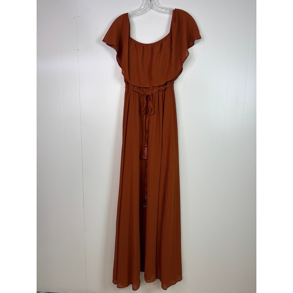 Baltic Born Maxi Dress M Burnt Orange Solid Ruffle Slit Tassel Women